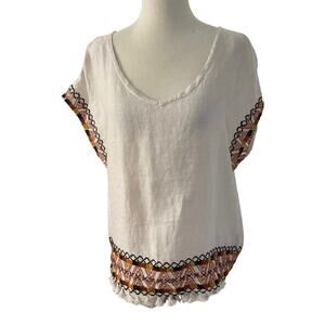 Rachel Zoe Light Beige Linen Bohemian Light Fringe Top Women's Size Small | 1-6